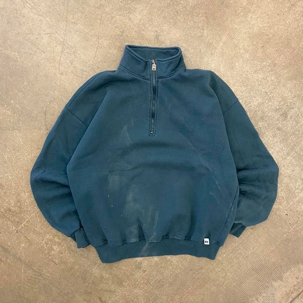 Vintage 90s Russell Athletic Green Quarter Zip Blank Crewneck Sweatshirt Size XL